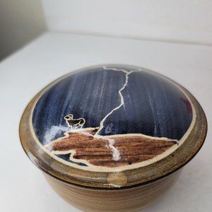 Organic Big Horn Sheep Mountain Pottery Lidded Bowl Appx 3 x 4.75 Inches